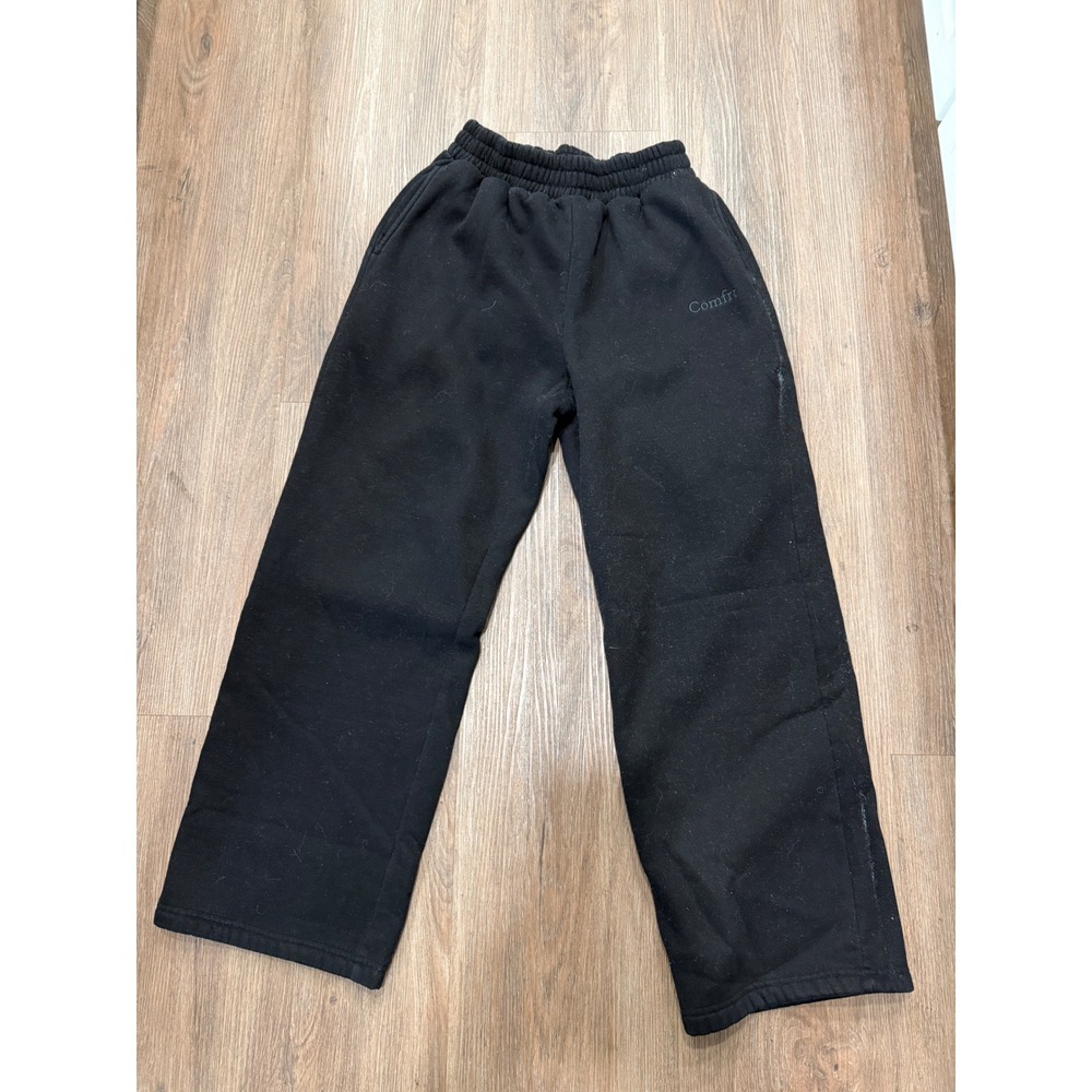 Comfrt Womens Black Wide Leg Fleece Sweatpants Relaxed Fit Size Large